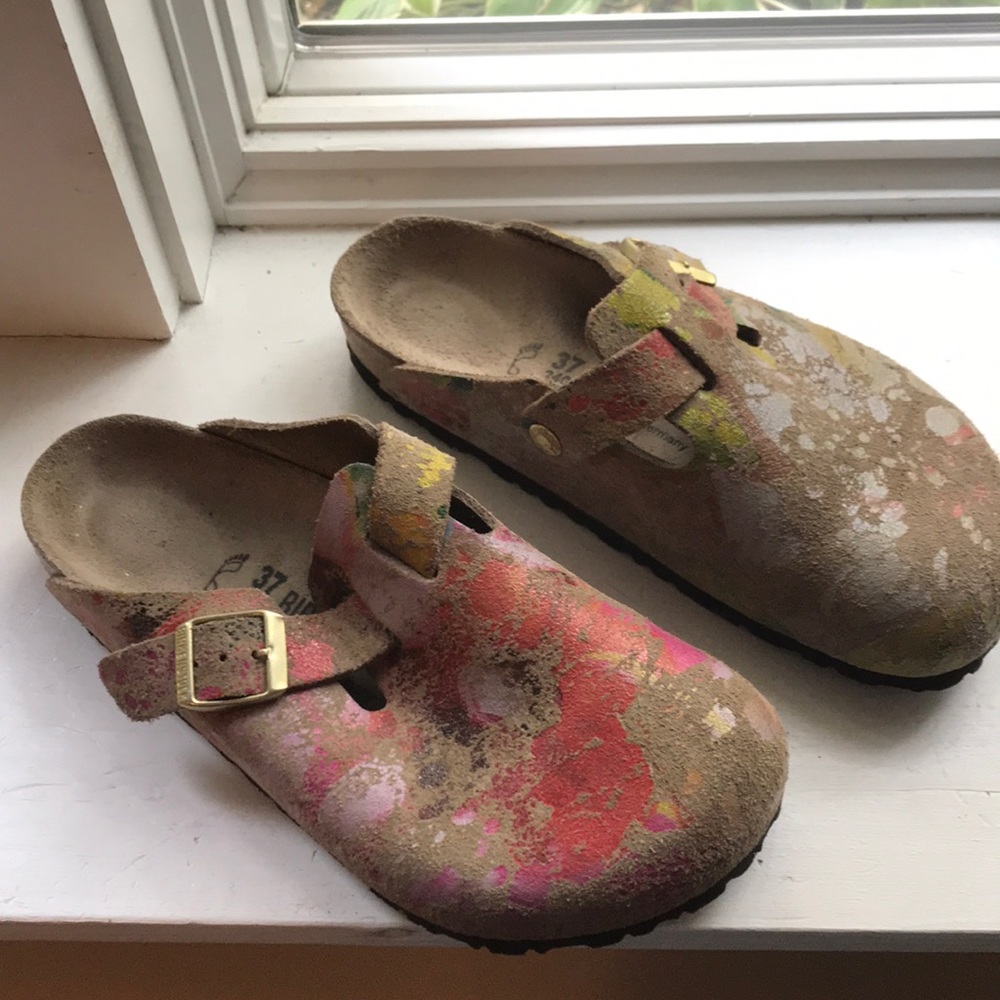 Birkenstock paint splatter clogs